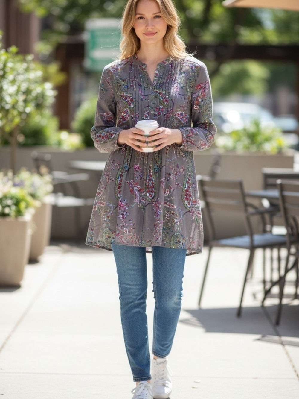 Sundance Grey Paisley Pintuck Tunic Top